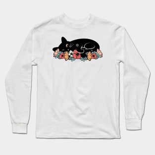 Cute black cat on a bed of flowers Long Sleeve T-Shirt